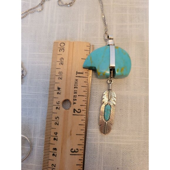 Sterling Silver 925 & Turquoise Bear Fetish Pendant Necklace W/ Dangling Feather - Picture 9 of 9